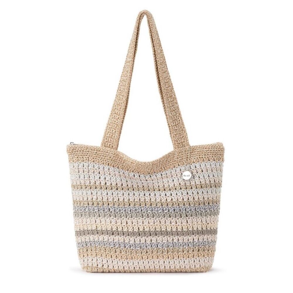 The Sak Crochet Straw Tote in Beige and Cream with Gray Stripes